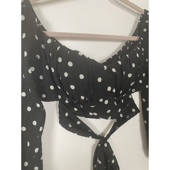 Kaylee Collection Black Polkadot Off Shoulder Long Sleeves Tube Top Tie Front S - Picture 3 of 10